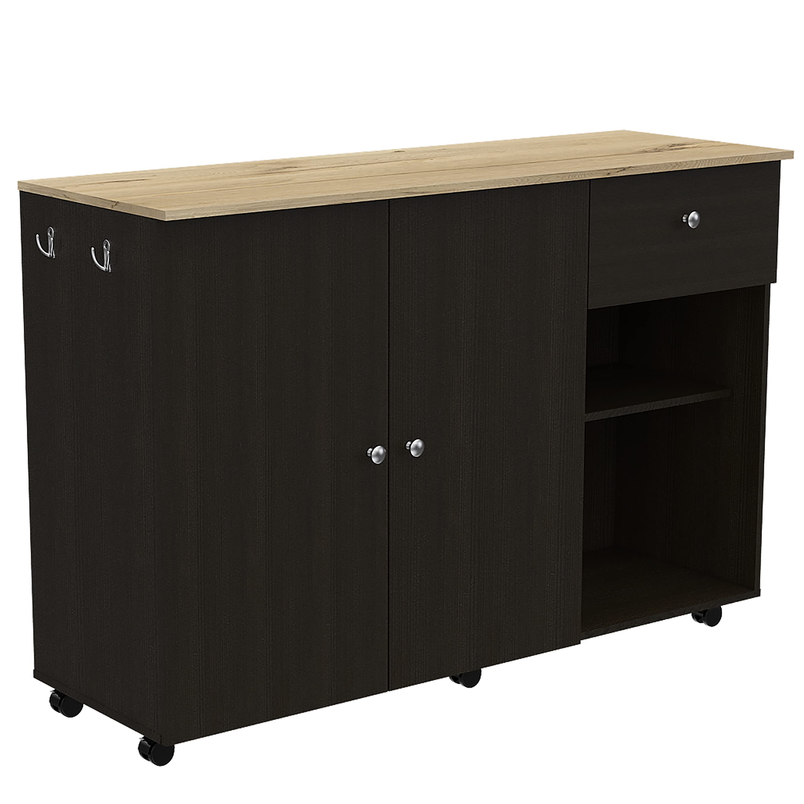 Chico Kitchen Island with 2 Cabinets, 2 Open Shelves & Drawer - Black Wenge Finish | Mobile Kitchen Cart with Storage for Small Spaces | Perfect for Apartments, Dorms & Compact Kitchens