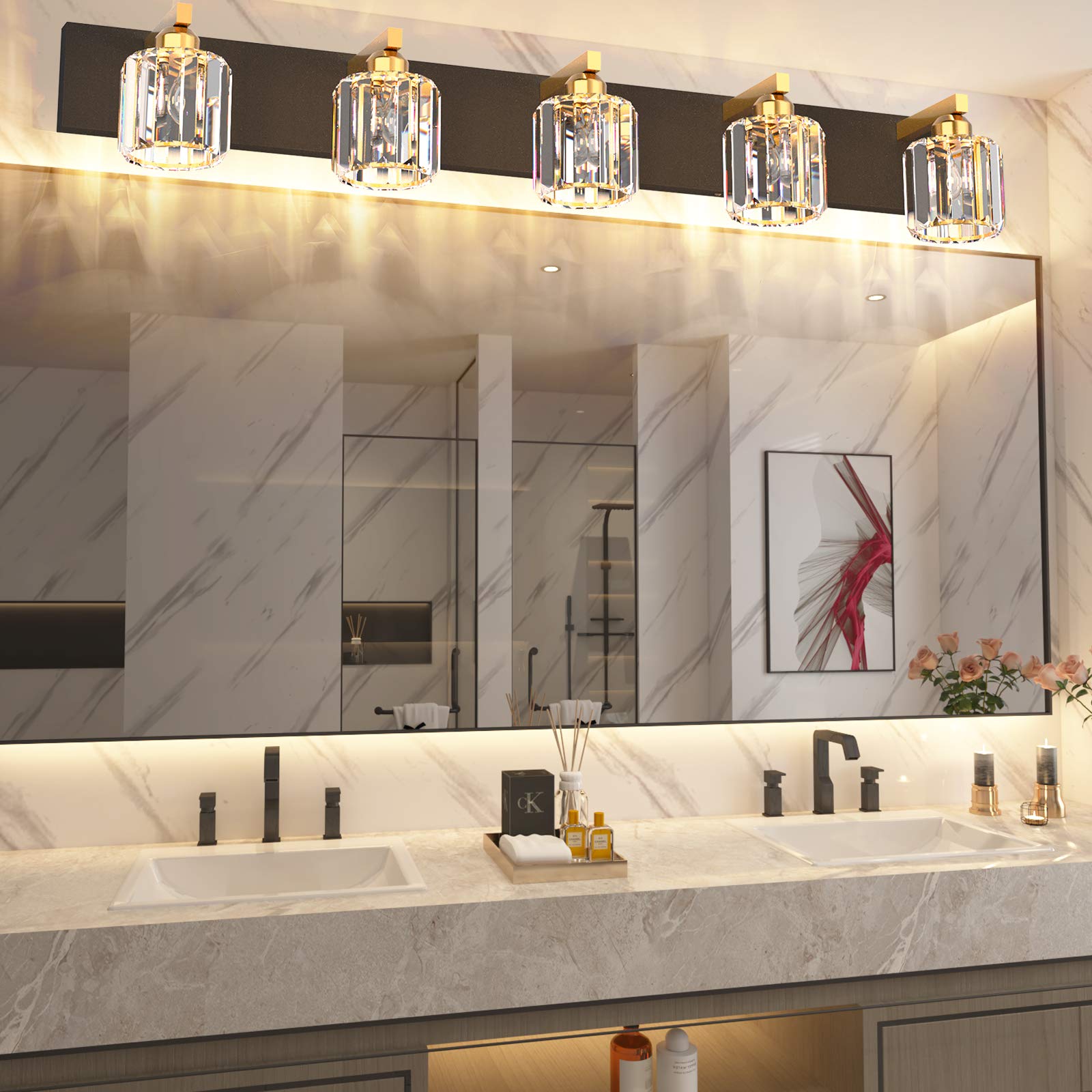 **Aipsun 5-Light Black Crystal Bathroom Vanity Light Fixture - Modern Vanity Lighting for Bathroom, Dressing Room & Makeup Area (Bulbs Not Included)**