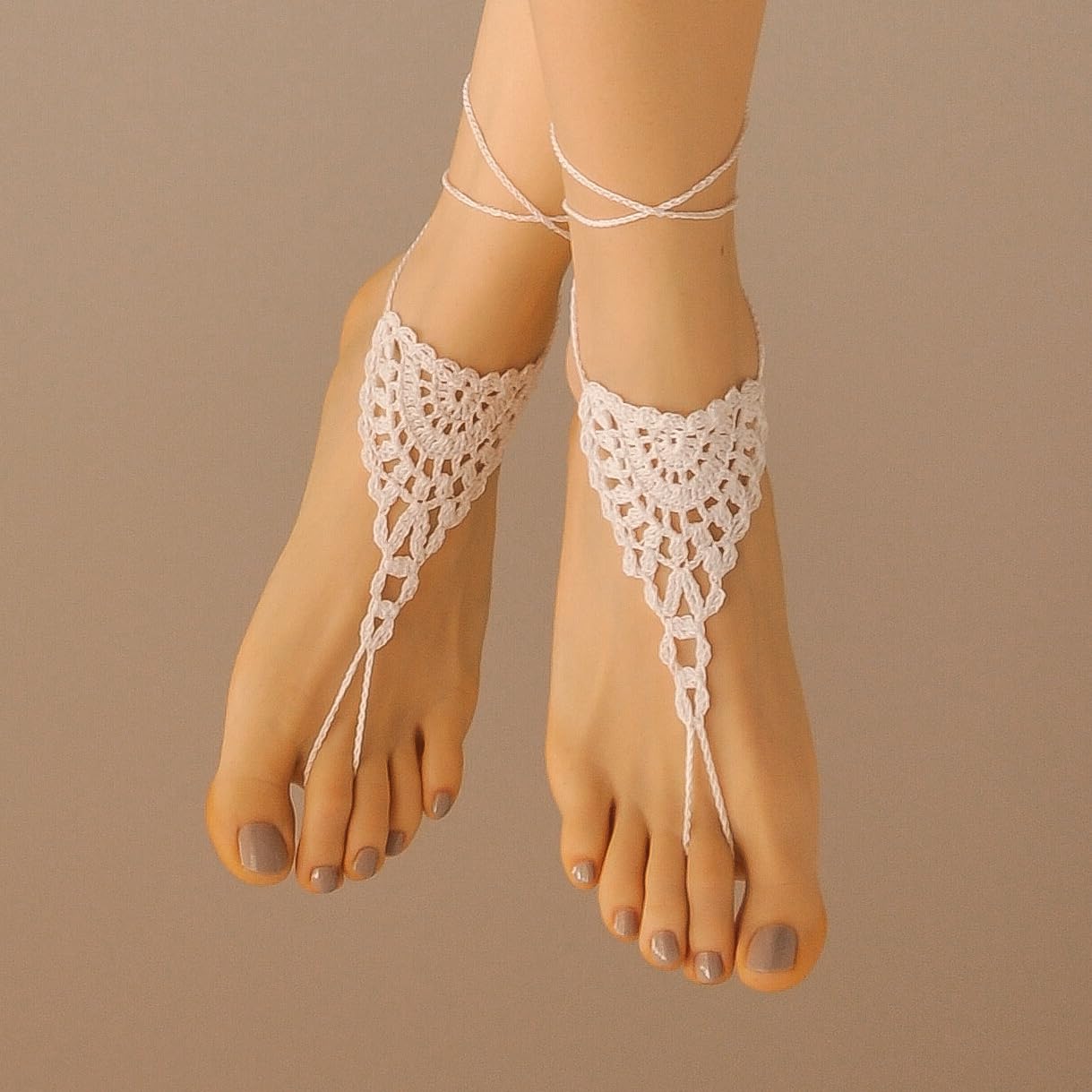 Handmade Crochet Barefoot Sandals for Women - Adjustable Boho Beach Wedding Sandals, Lace Foot Jewelry, One Size Fits Most - Perfect for Beach Weddings, Summer Vacations & Boho Fashion (Ivory)