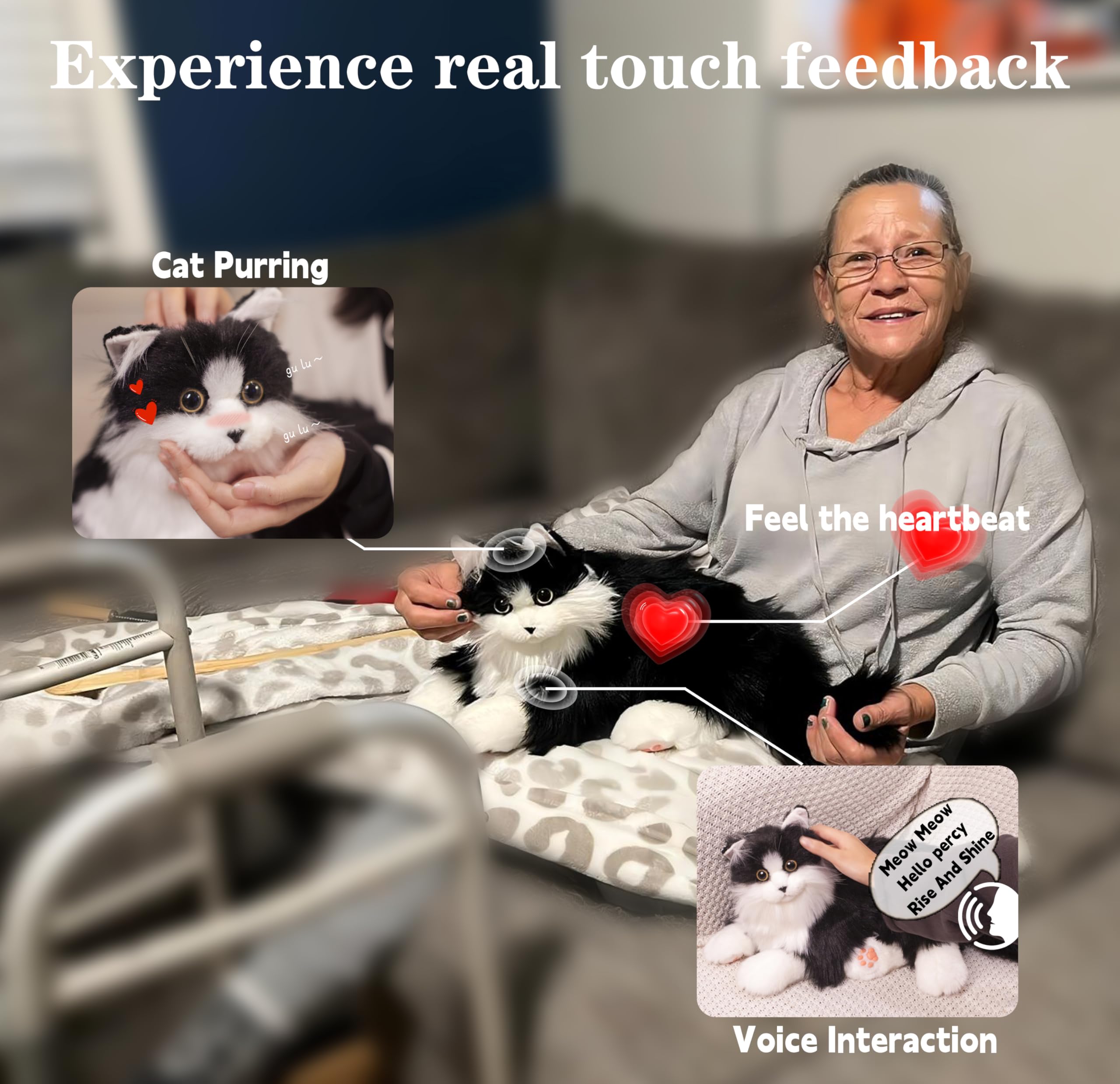 Interactive Companion Robot Cat - Realistic Voice Response, Heartbeat & Purring, Handmade Stuffed Plush Toy | Perfect Gift for Seniors, Elderly & Parents | Black Cat PERCY1.0 | Comfort Pet for Loneliness, Dementia Care & Stress Relief