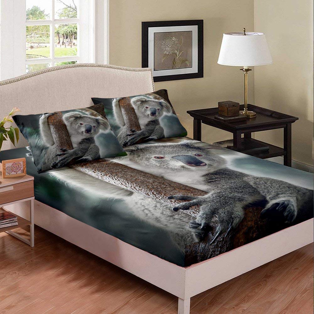 3D Koala Print Duvet Cover Set - Grey Wild Animal Koala Pattern Deep Pocket Bed Sheets for Teens (2PC: 1 Fitted Sheet + 1 Pillowcase) | Perfect for Kids' Rooms, Wildlife Themed Bedrooms & Cozy Teen Bedding