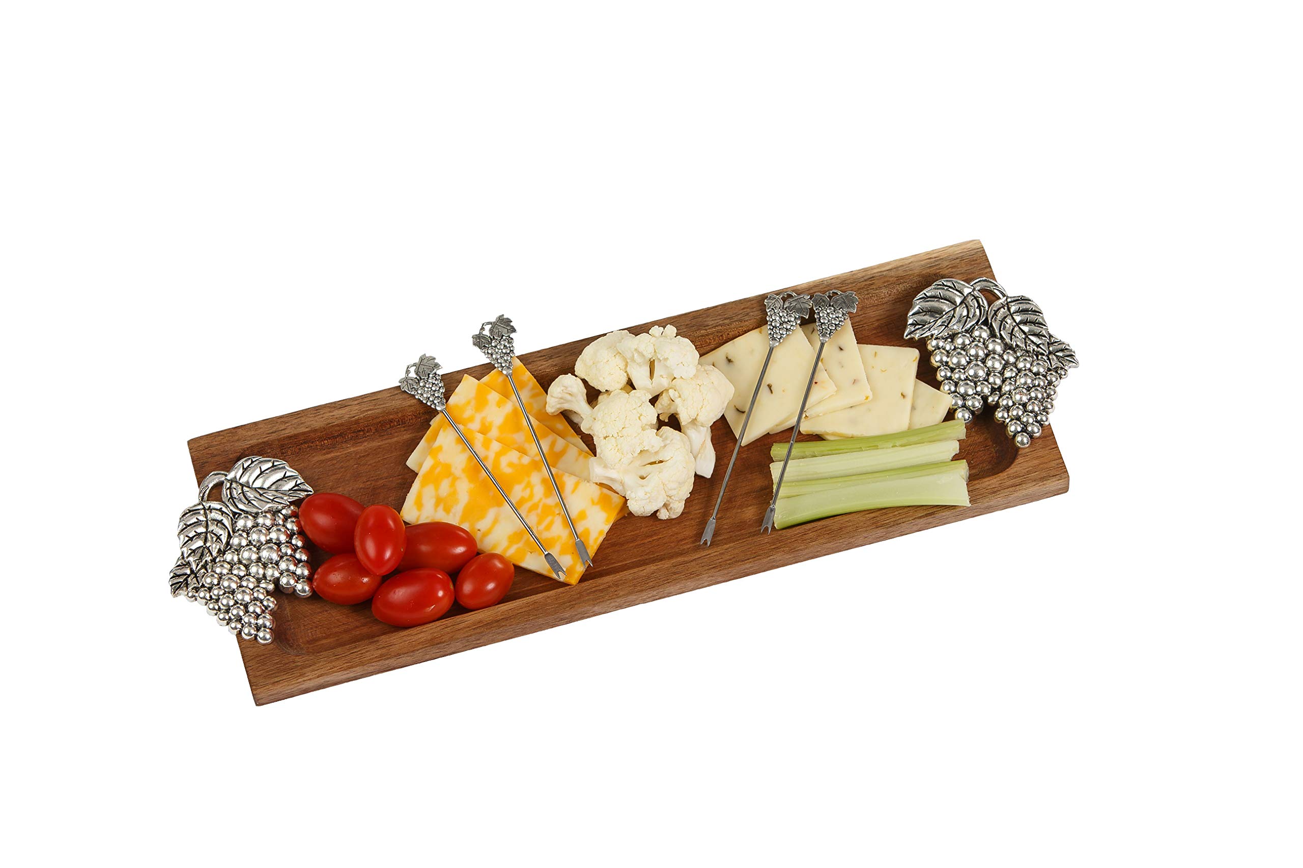 Premium Acacia Wood Serving Tray with 6 Matching Food Picks - Elegant Grape Design for Charcuterie, Cheese & Appetizer Presentation - Perfect for Entertaining, Parties & Home Decor