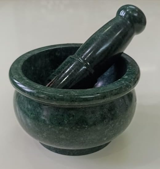 Jaipur Art Exports Large 5-Inch Natural Stone Mortar and Pestle Set - Traditional Spice Grinder, Herb Crusher & Okhli Masher for Kitchen - Perfect for Grinding Spices, Herbs, Garlic & Making Pastes (Green Rich Polish)
