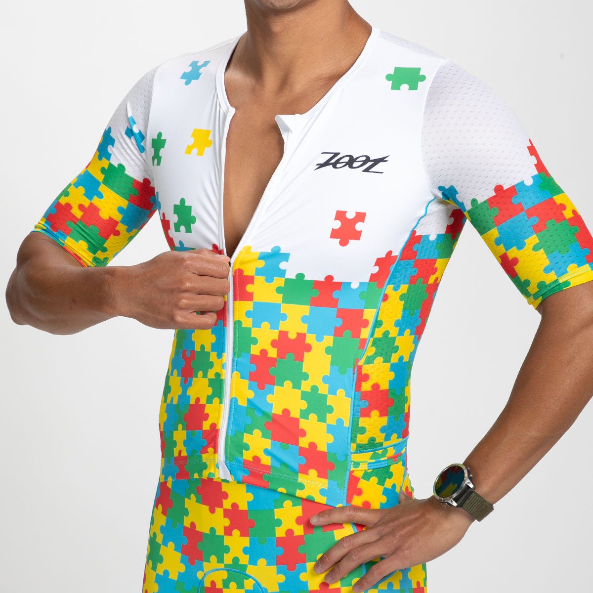 Men's Limited Edition Tri Aero FZ Racing Suit with Autism Puzzle Design - High Performance Motorcycle Gear for Track & Street Riding
