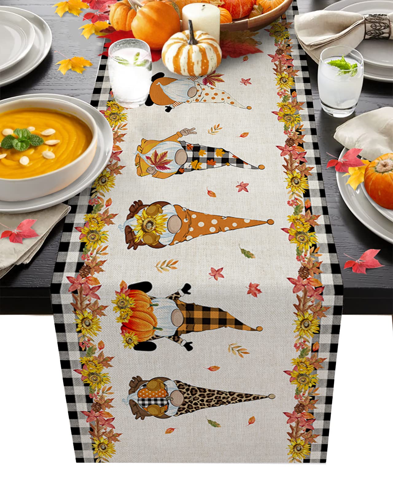 Farmhouse Cotton Linen Table Runner 18x72 Inches - Heat-Resistant Holiday Dining Table Decor for Thanksgiving, Christmas, Wedding & Party - Sunflower Pumpkin Gnome Design - Perfect for Dining Room, Buffet Table & Seasonal Home Decor
