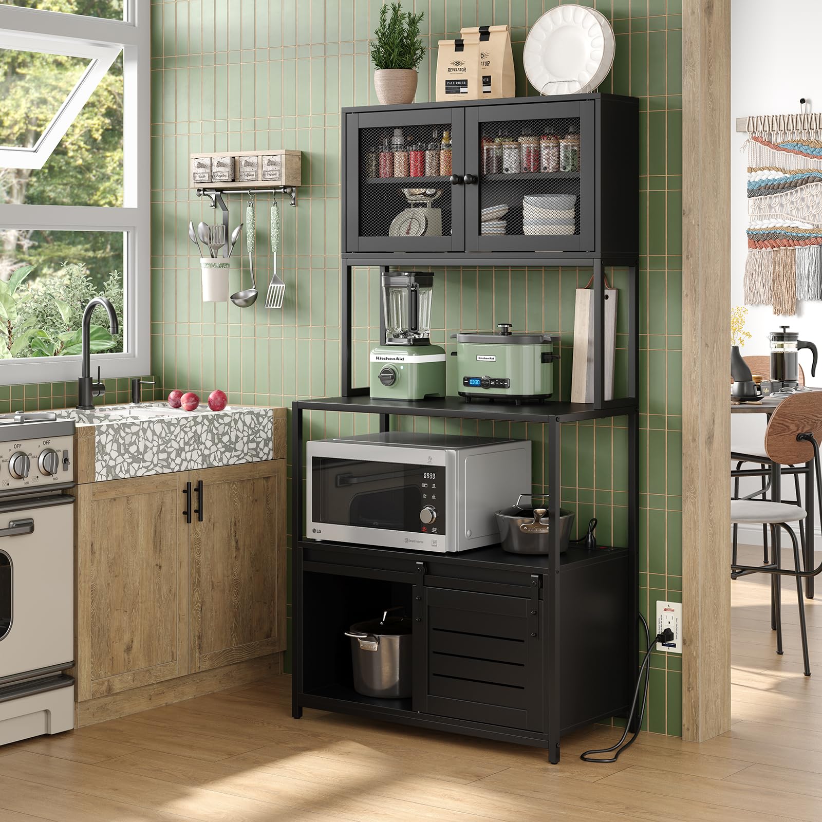 Furniouse 6-Tier Metal Kitchen Bakers Rack with Power Outlet & Shelves - Industrial Microwave Stand, Spice Storage Cabinet - Heavy Duty Utility Shelf for Small Kitchen, Pantry Organization (Black) - Perfect for Baking, Cooking & Kitchen Storage