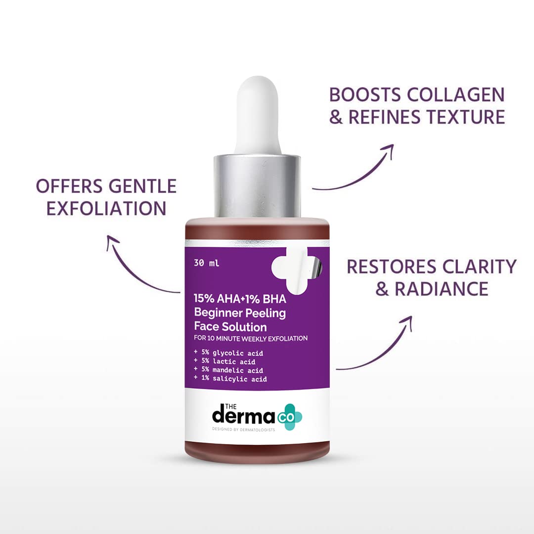 The Derma Co 15% AHA + 1% BHA Exfoliating Face Peel Solution - Gentle Weekly Chemical Exfoliator for Beginners, Brightens Skin & Removes Impurities - 30ml | Perfect for Acne-Prone & Dull Skin Treatment