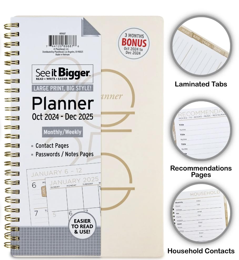 PlanAhead See IT Bigger October 2024 - December 2025 Monthly Weekly Planner - 8.75