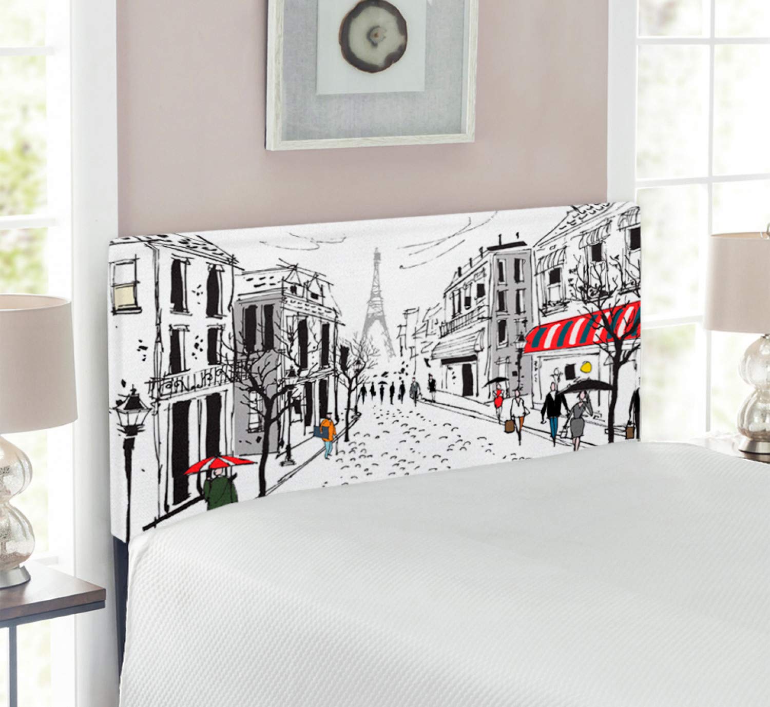 Ambesonne Paris Headboard - Vintage French Street Scene with Eiffel Tower Illustration, Upholstered Metal Bed Headboard with Memory Foam, Twin Size, Multicolor - Perfect for Bedroom Decor & Paris-Themed Room Design