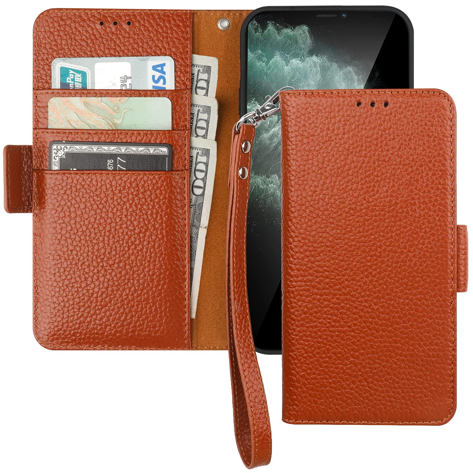 Premium Genuine Leather iPhone 11 Wallet Case with Wireless Charging & RFID Blocking - Flip Folio Cover with Card Slots, Kickstand & Wrist Strap (6.1 Inch, Brown) - Perfect for Travel, Work & Everyday Use