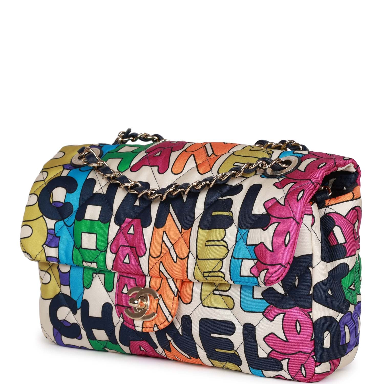 Chanel Medium Classic Flap Bag with Multicolor Rainbow Logo - Nylon Material & Light Gold Hardware - Perfect for Casual Outings, Parties & Luxury Fashion Accessories
