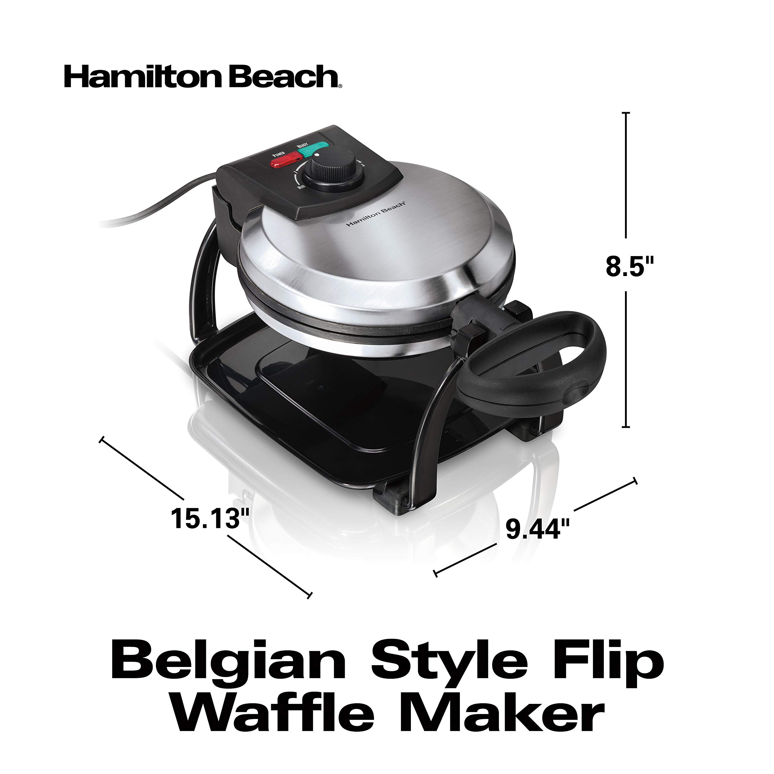 Hamilton Beach 26010R Flip Belgian Waffle Maker with Adjustable Browning Control - Non-Stick Grids, Indicator Lights & Drip Tray - Stainless Steel Waffle Iron for Perfect Breakfast, Brunch or Dessert Waffles
