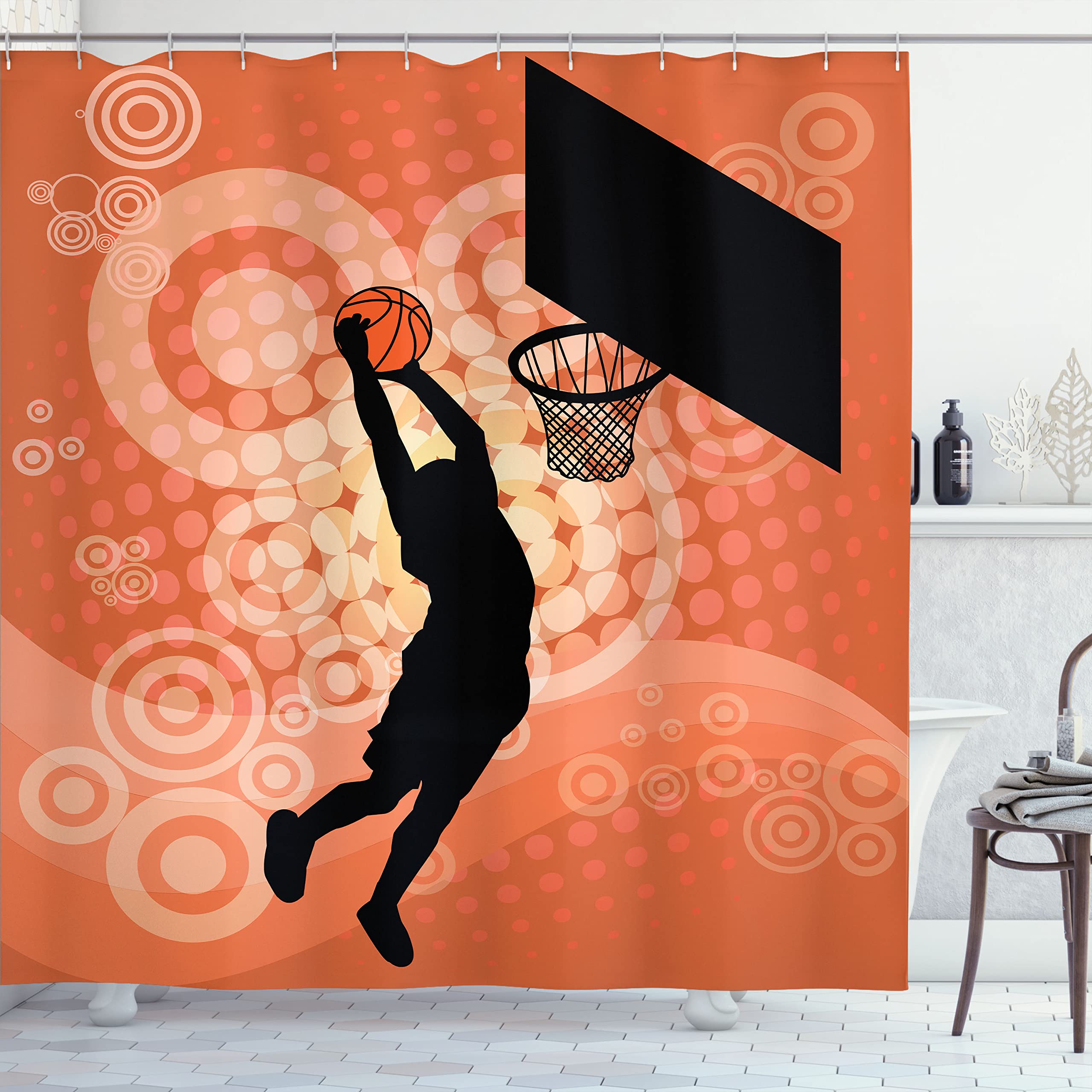 Ambesonne Basketball Shower Curtain - Basketball Player Silhouette Design for Sports Fans, 69x84 Inch Bathroom Decor with Hooks, Pale Orange & Black Fabric - Perfect for Game Room or Sports Themed Bathroom