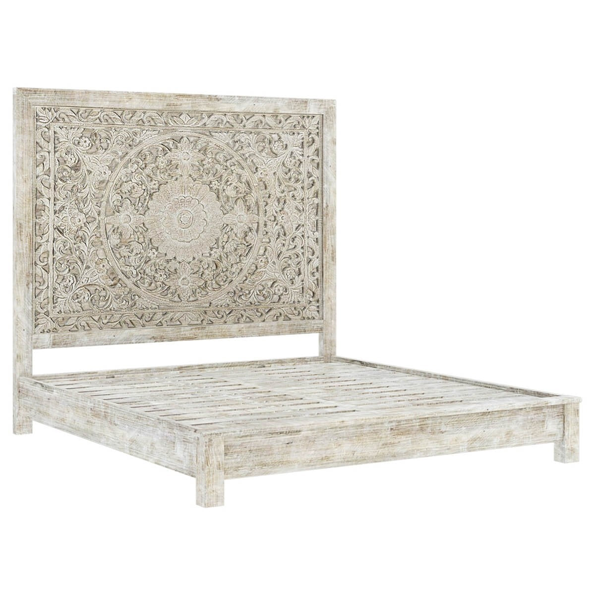 Hand Carved Indian Solid Wood Platform Bed with Moroccan Style Headboard - Elegant & Durable Bed Frame for Master Bedroom, Guest Room, or Boho Chic Home Decor