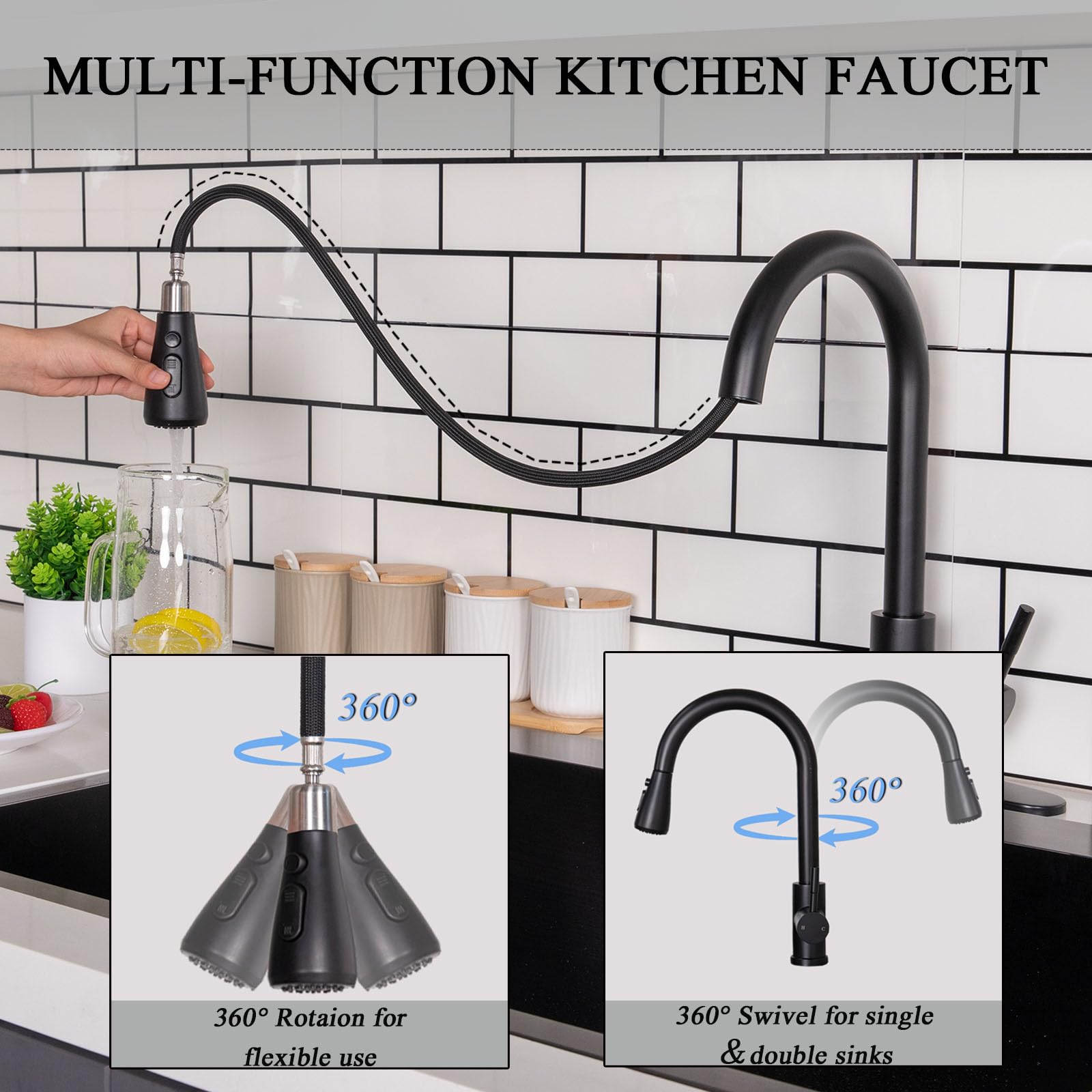 Matte Black Single Handle Pull Down Sprayer Kitchen Faucet, Stainless Steel Sink Faucet for Bar, Laundry, RV & Farmhouse, Ideal for Modern and Rustic Kitchens