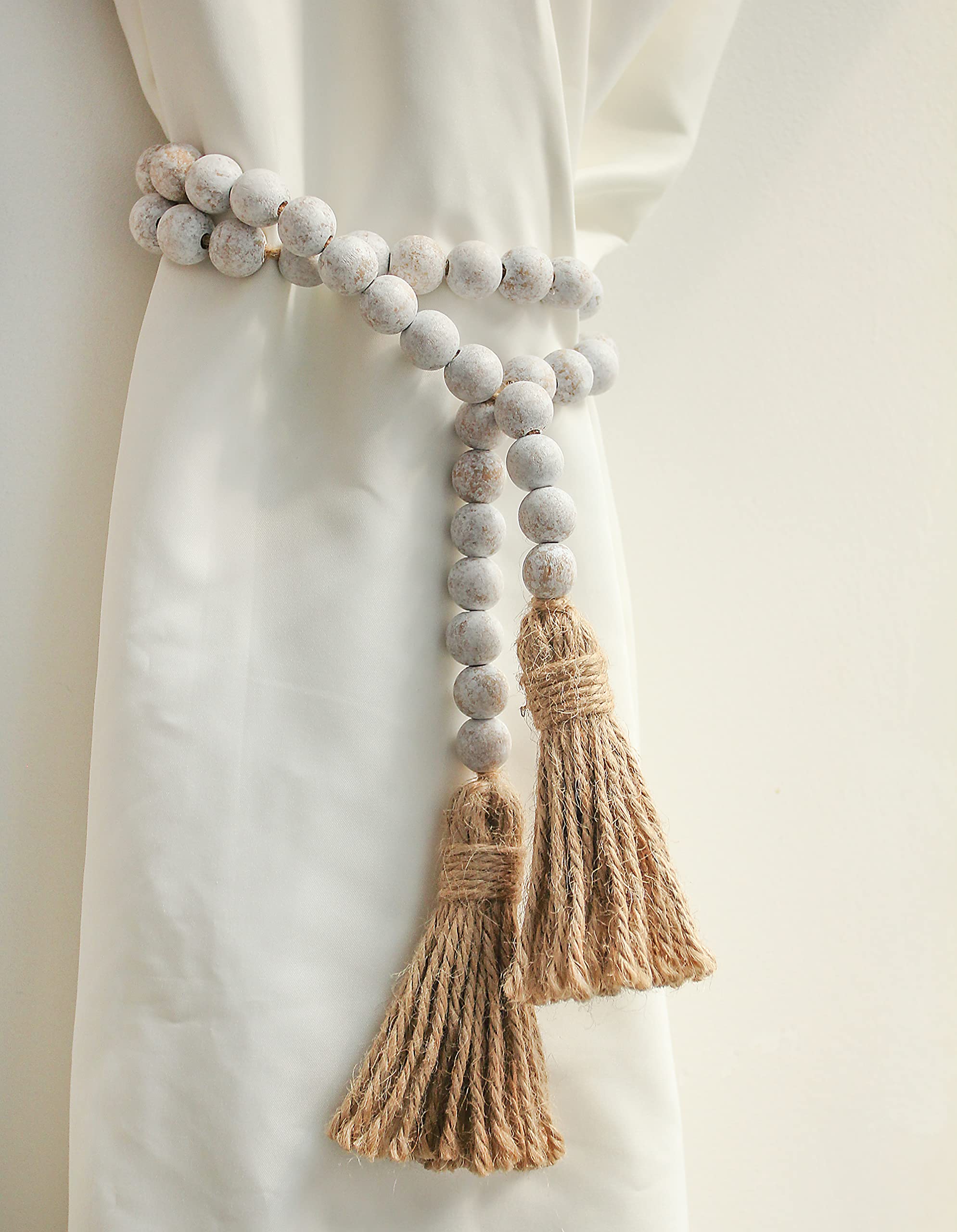 58in Whitewashed Wood Bead Garland with Tassels - Farmhouse Rustic Boho Wall Hanging Decor for Prayer Room, Bedroom, Wedding & Nursery Decoration