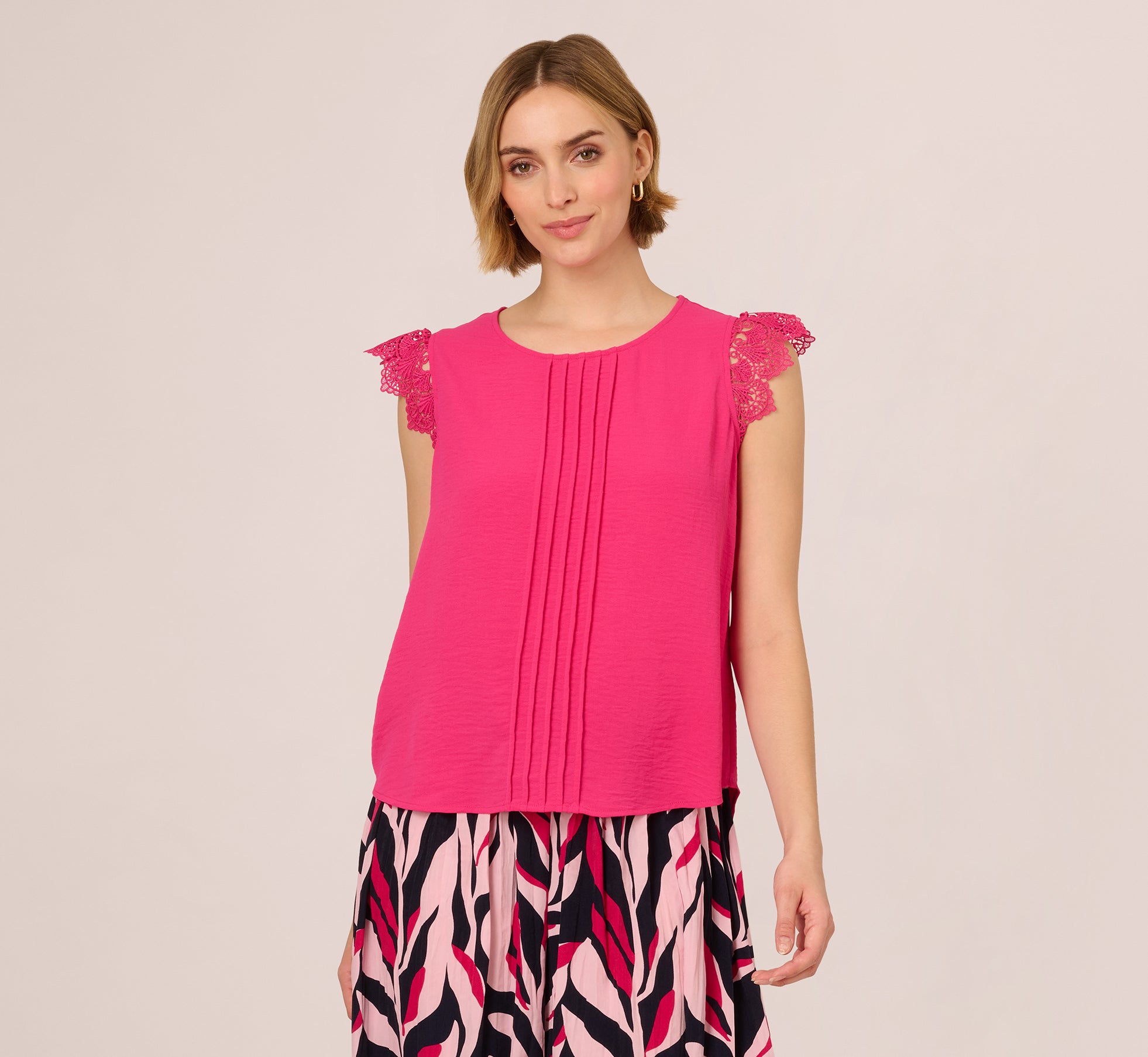Hot Pink Sleeveless Lace Shoulder Pintucked Blouse for Women | Summer Casual & Party Wear | Perfect for Date Nights, Beach Outings & Special Occasions