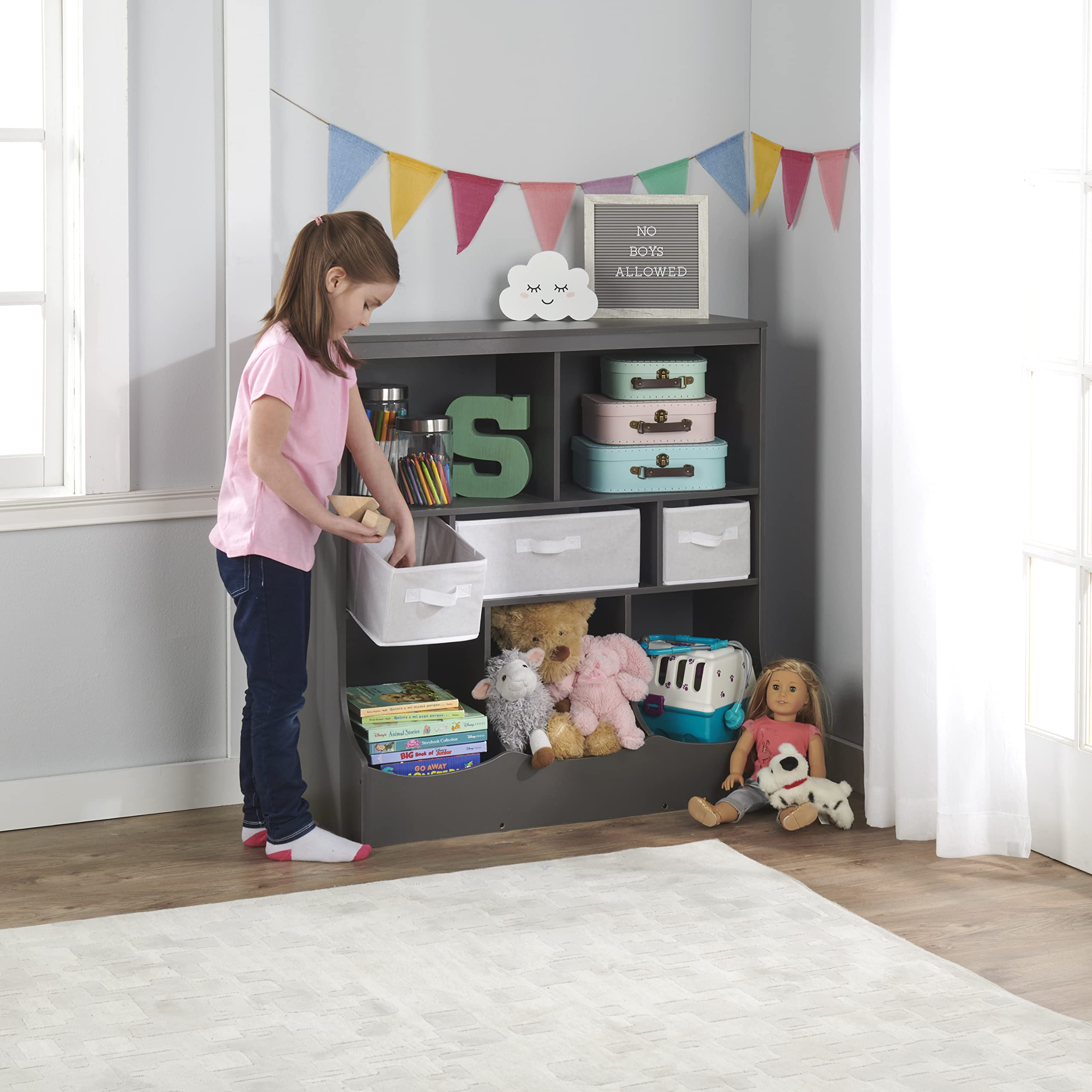 Badger Basket Kids Toy Storage Organizer with 3 Bins & Bookshelf - Charcoal Gray | Space-Saving Nursery, Playroom & Classroom Organization Solution