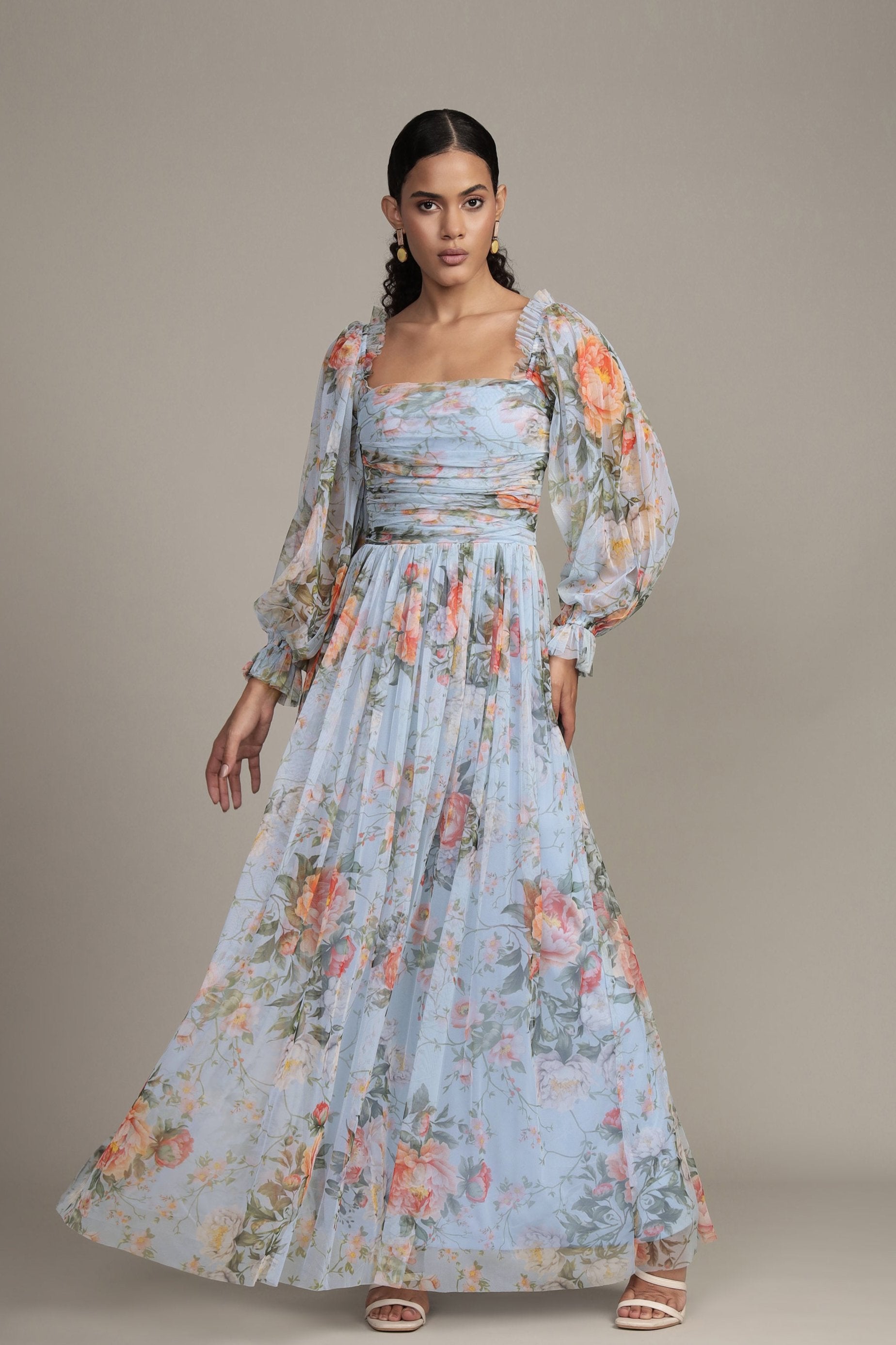 Lana Maxi Dress - Blue Floral Print Women's Summer Dress, Boho Flowy Beach Dress for Vacation, Party & Casual Wear