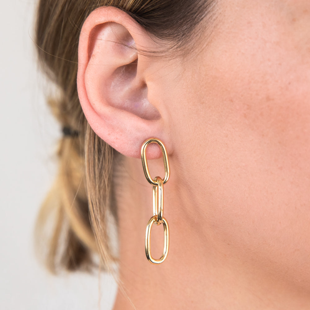 9ct Silver Filled Yellow Gold Diamond Cut Link Drop Earrings for Women - Elegant Dangle Earrings for Parties, Weddings & Special Occasions