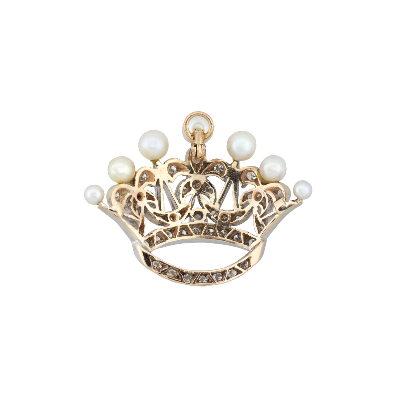 14K Gold & Platinum Diamond Pearl Princess Crown Pendant Necklace - Vintage Royal Jewelry for Women, Perfect for Weddings, Prom & Special Occasions