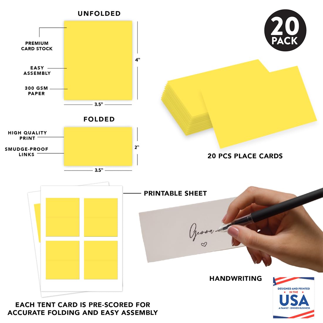 Andaz Press Printable Table Tent Place Cards - 20-Pack Yellow Blank Name Cards for Wedding, Baby Shower & Graduation | Perfect for Seating Arrangements, Buffet Labels & Event Decorations