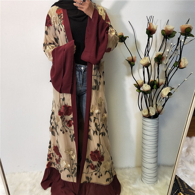Embroidered Flower Kimono Abaya - Maroon & Gold Islamic Prayer Dress for Women | Perfect for Eid, Ramadan, and Special Occasions