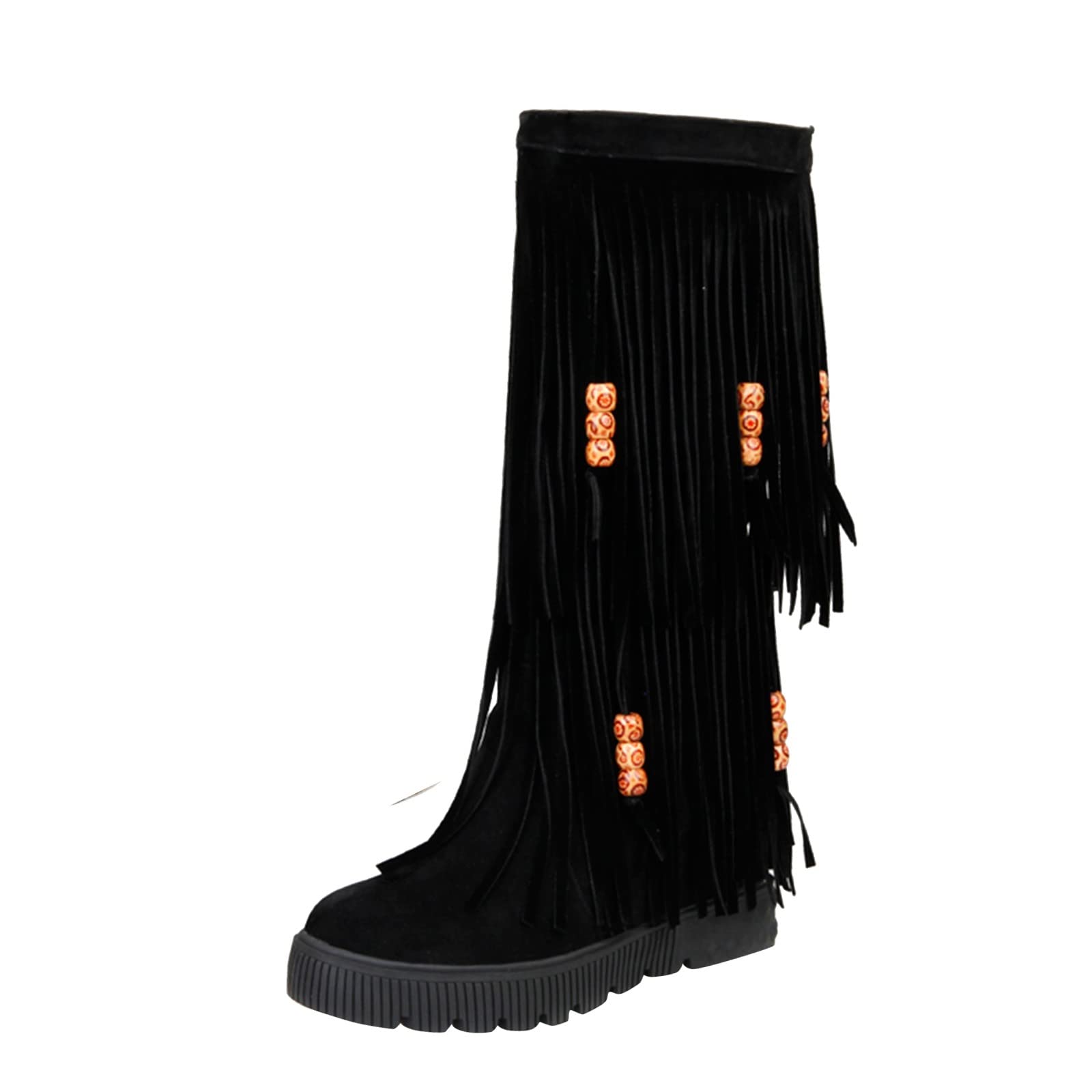Women's Winter Fashion Boots - Breathable Flats with String Beads & Tassel - Retro Thigh High Boots in Pure Colors (Black, Size 9) | Perfect for Holiday Parties & Cold Weather Outfits
