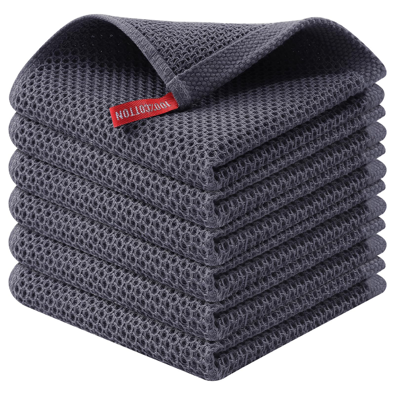Kitinjoy 6 Pack 100% Cotton Waffle Weave Dish Cloths - Ultra Soft & Highly Absorbent Kitchen Towels (12x12 Inches, Dark Grey) for Drying Dishes, Cleaning Countertops & Everyday Kitchen Use