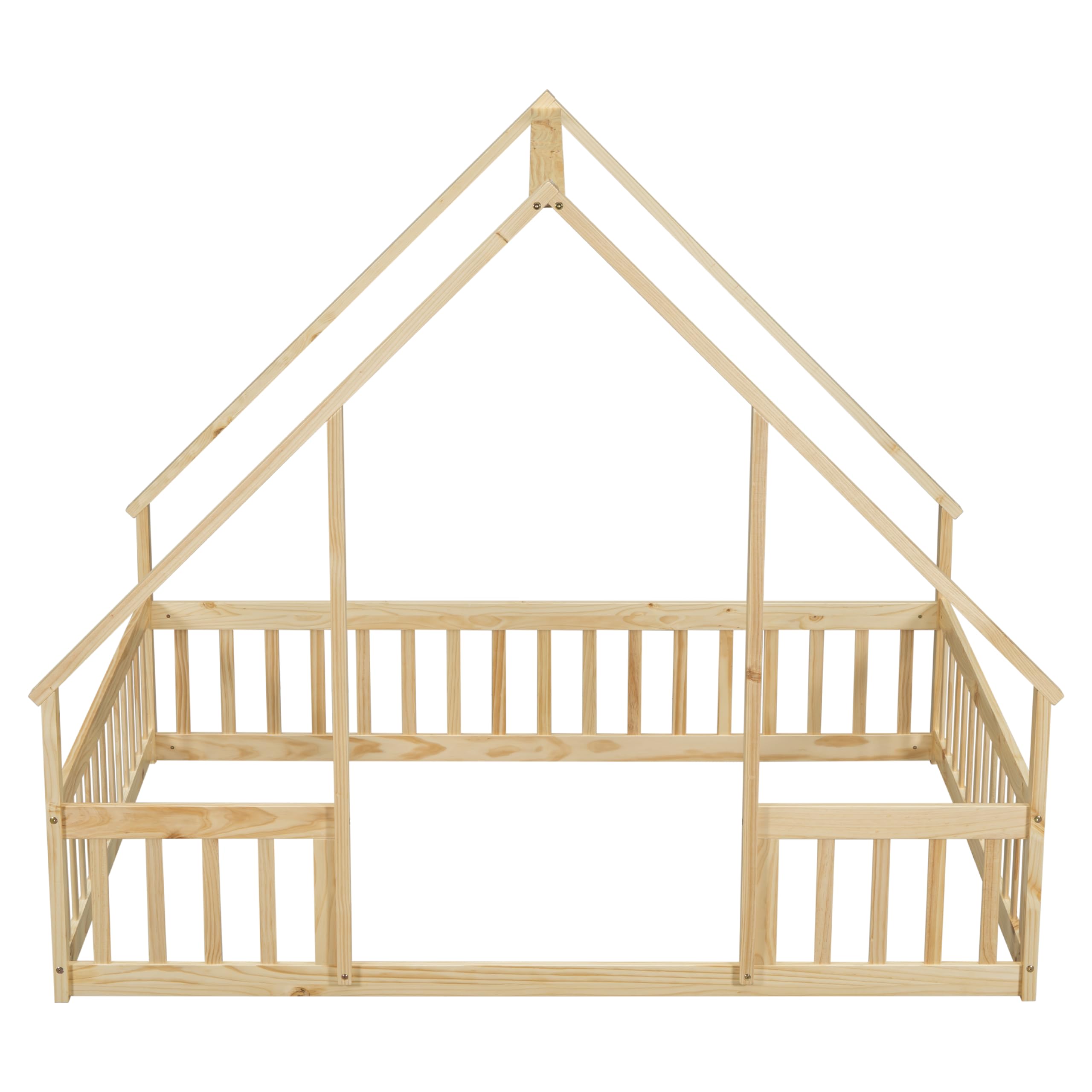 Bellemave Full Size Wooden House Floor Bed for Kids - Montessori Style Playhouse Bed with Safety Fence for Boys & Girls - Natural Wood Toddler Bed for Bedroom, Playroom or Nursery