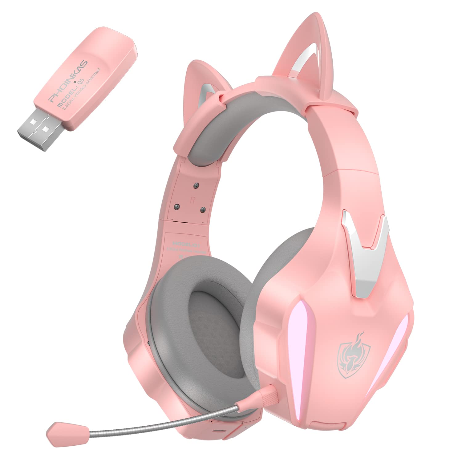PHOINIKAS Wireless Gaming Headset for PS4, PS5, PC, Nintendo Switch & Xbox Series - 2.4GHz Wireless Headphones with Detachable Noise Canceling Mic, 7.1 Surround Sound, 3.5mm Wired Mode (Pink & Grey) - Perfect for Competitive Gaming, Streaming & Late-Night Sessions
