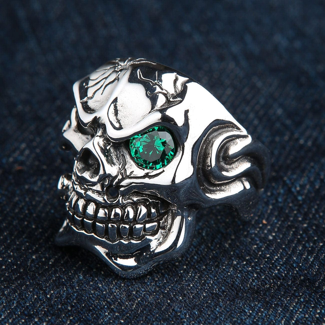 Emerald Green Eye Sterling Silver Men's Skull Ring - Gothic Jewelry for Men, Punk Style Accessory - Perfect for Halloween, Rock Concerts & Biker Fashion