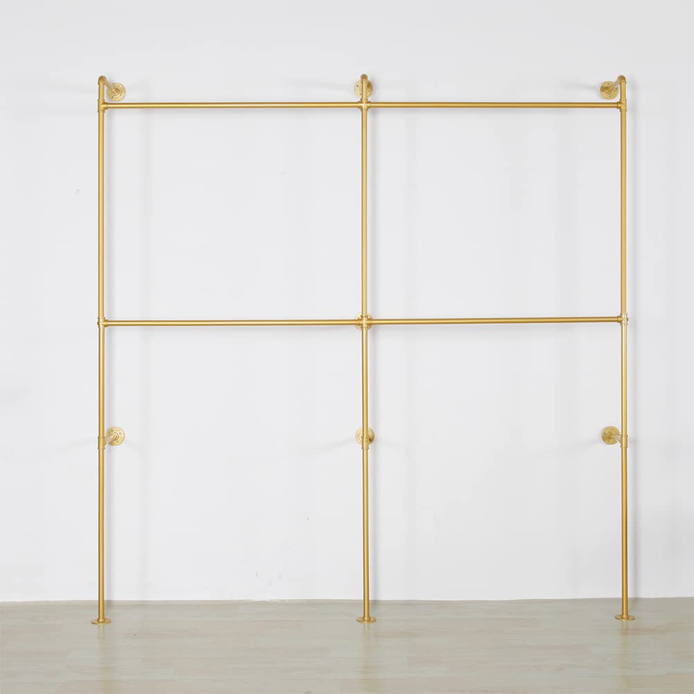 Heavy Duty Industrial Pipe Clothes Rack - 89.8 Inch Gold Metal Garment Rack for Clothing Store Display & Closet Storage - Wall Mounted Hanging Rod for Retail Shops, Boutiques, and Home Organization