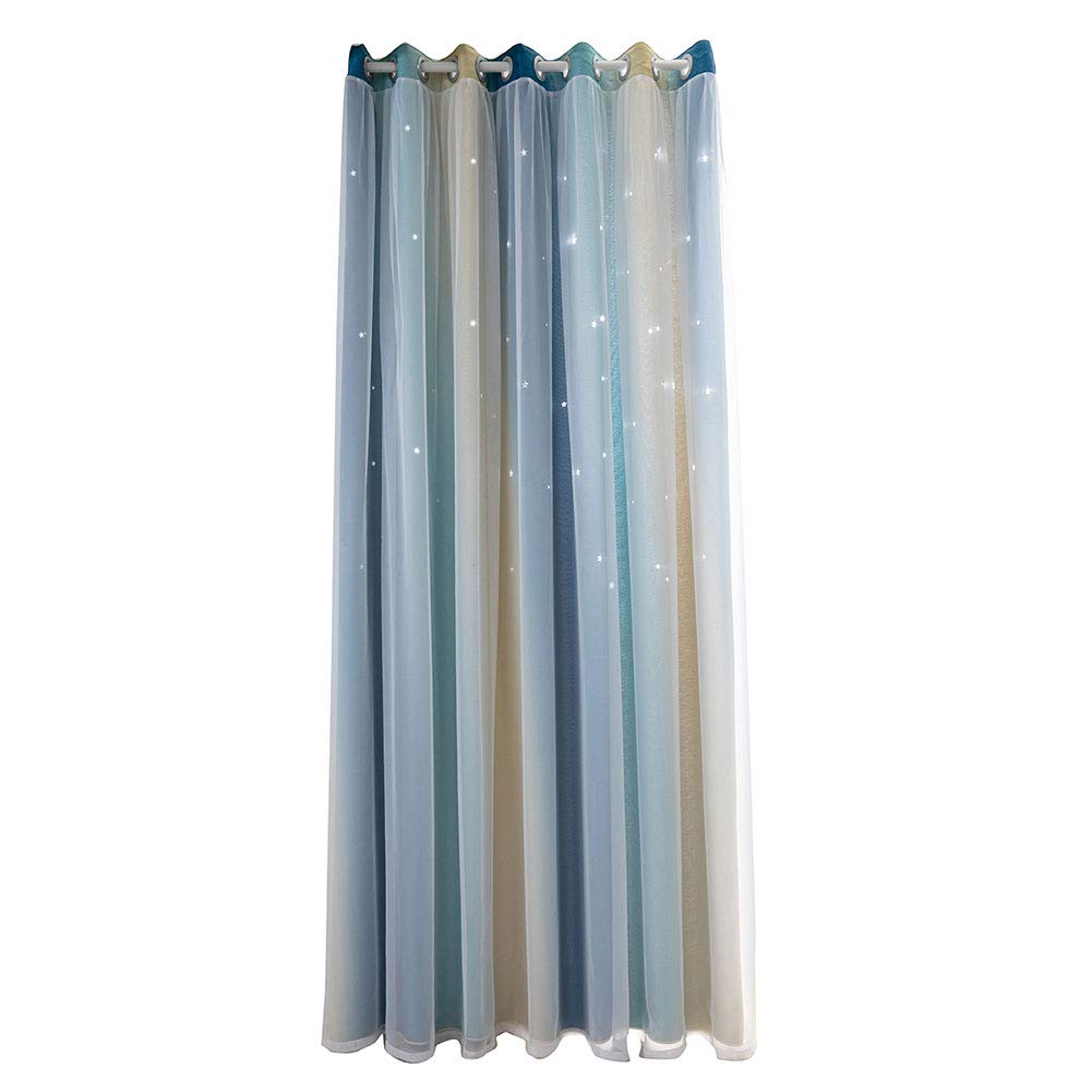 Kaaka 1-Piece Gradient Hollow Star Double Layer Blackout Curtain - Light & Heat Insulating Window Treatment for Bedroom, Blue, XXL - Perfect for Nursery, Kids Room & Home Decor