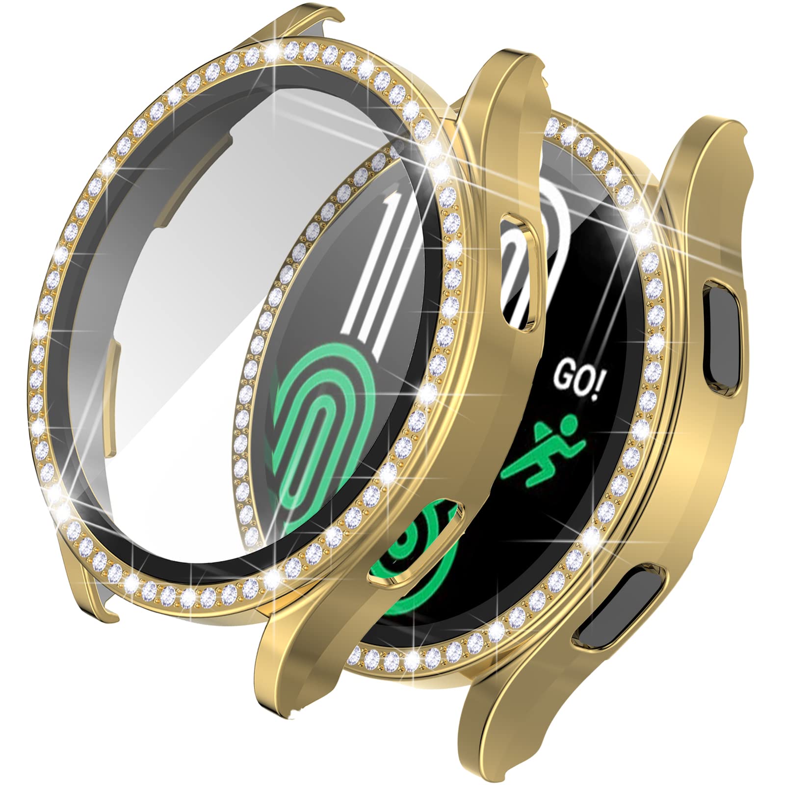 Sparkly Rhinestone Hard PC Case with Tempered Glass Screen Protector for Samsung Galaxy Watch 4 40mm/44mm (Not Active 2) - Gold Luxury Protective Cover for Workout, Office & Daily Wear