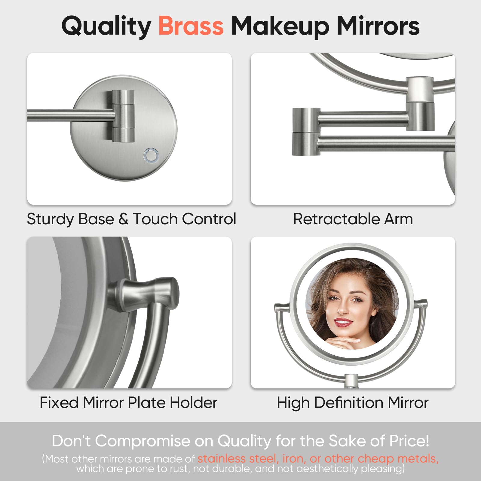 GURUN 8.5 Inch LED Lighted Wall Mount Makeup Mirror with 10x Magnification - Hardwired Nickel Finish Vanity Mirror for Bathroom, Bedroom & Dressing Room