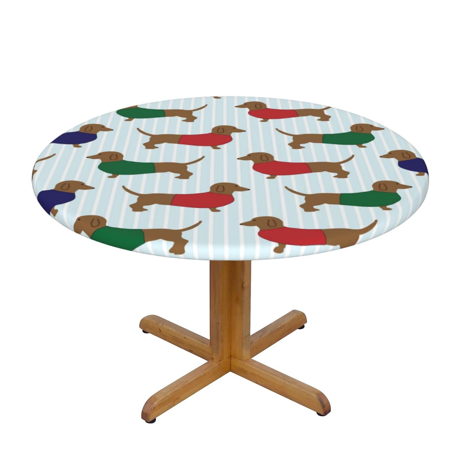 Waterproof Elastic Round Tablecloth - Cartoon Dachshund Dog Design Wipeable Table Cover for Indoor/Outdoor Use - Perfect for Patio Dining, Picnics & Small Gatherings
