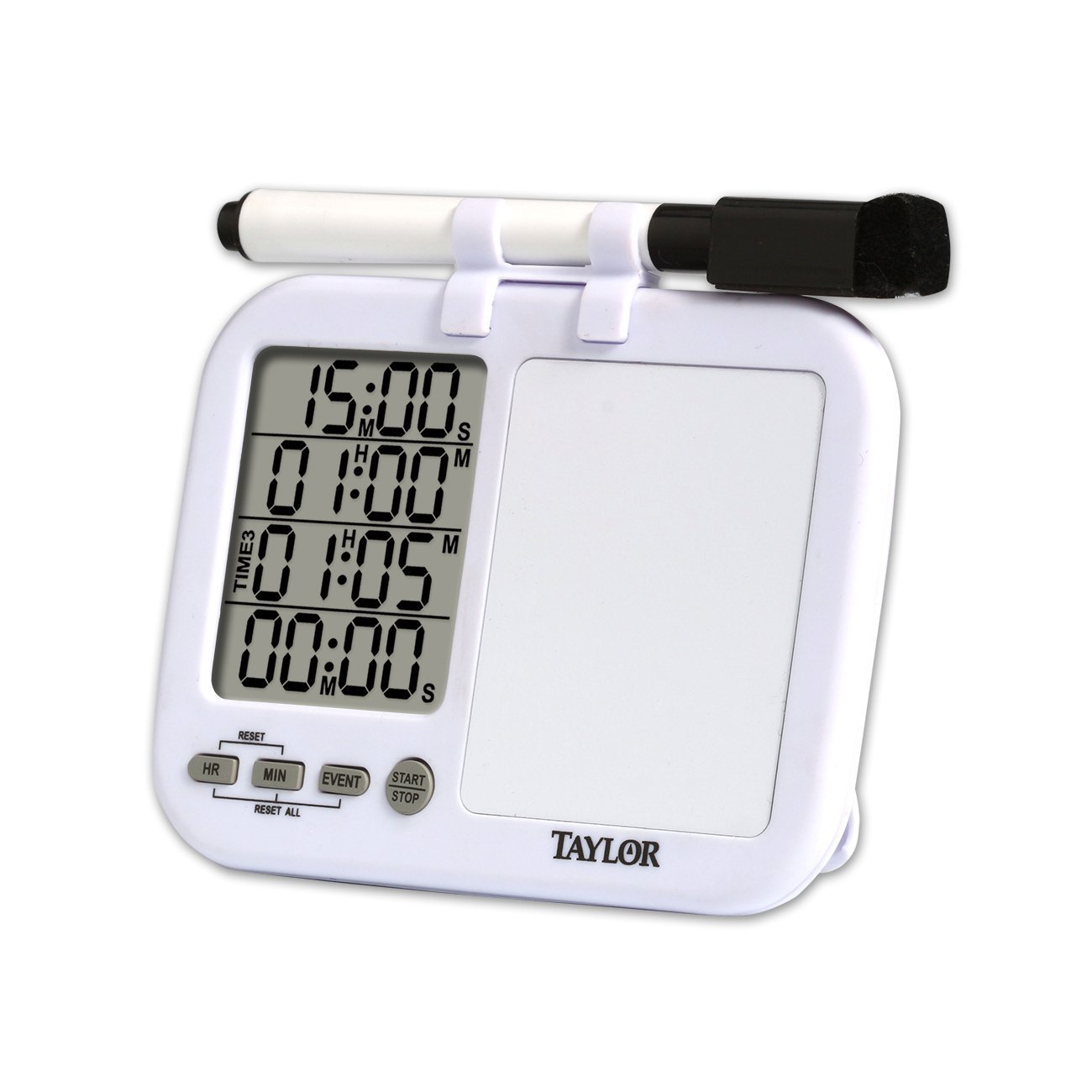 Taylor 5849 Four-Event Digital Timer with Whiteboard - Perfect for Classroom Learning, Homework Projects, Cooking & Kitchen Tasks - Easy-to-Use Countdown Timer for Teachers, Students & Home Use (White)