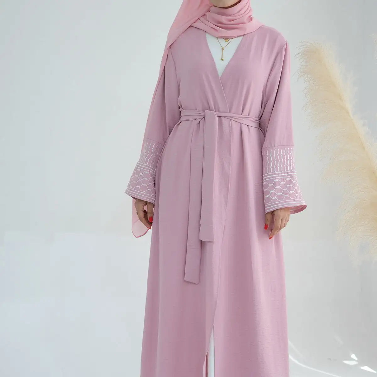 Elegant Muslim Women's Embroidered Open Abaya Dress with Sleeve - Modest Islamic Fashion for Prayer, Hijab Outfits & Special Occasions