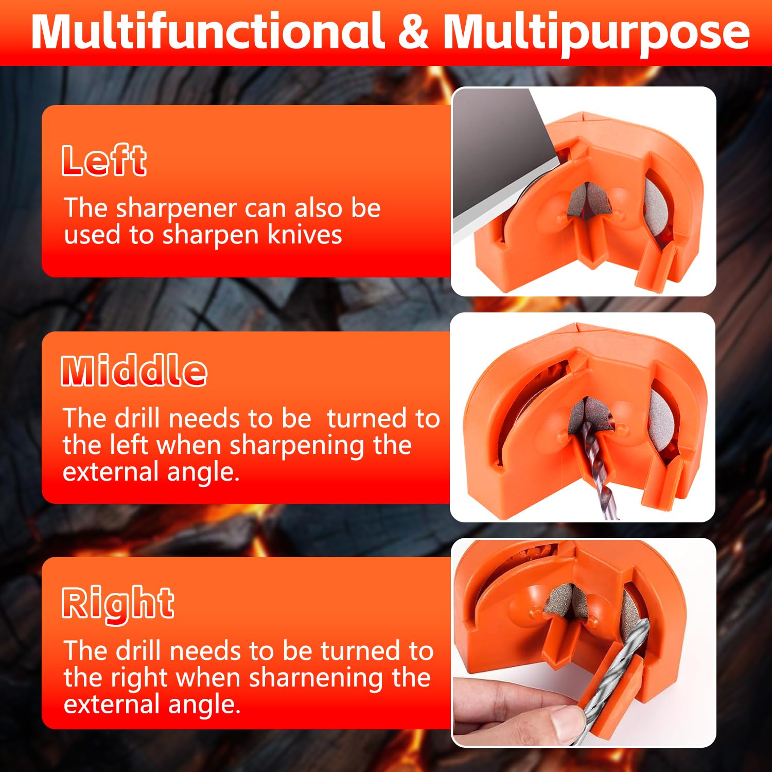 Multipurpose Drill Bit Sharpener - Universal Grinding Tool for High-Speed Steel, Masonry, Carbide, Cobalt & Tin-Coated Bits | Perfect for DIY Projects, Woodworking & Metalworking (Orange)