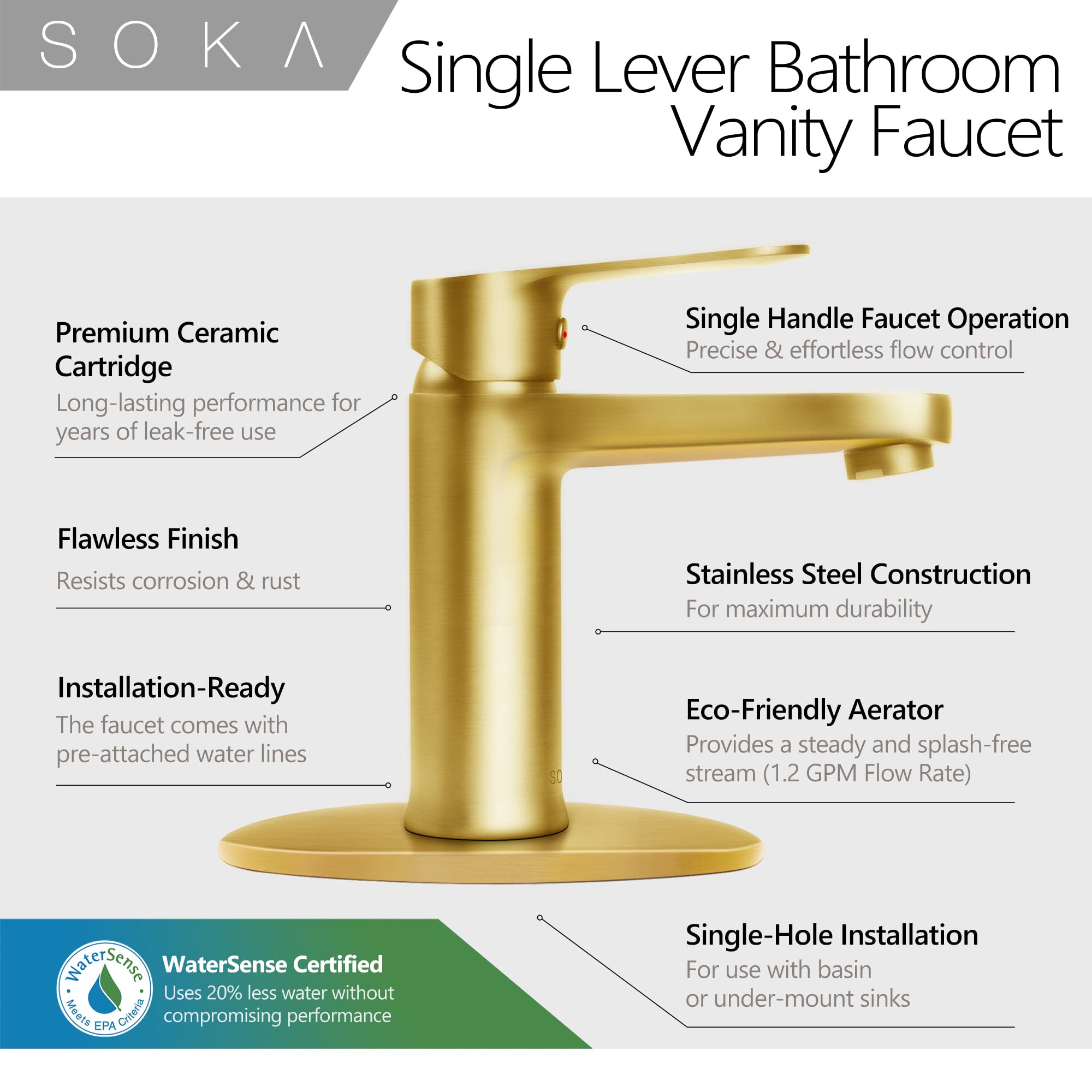 Gold Stainless Steel Bathroom Sink Faucet with Pop-up Drain Stopper & Deck Plate - Single Handle 1 or 3 Hole Installation - Perfect for Modern Bathroom Vanities & Powder Rooms