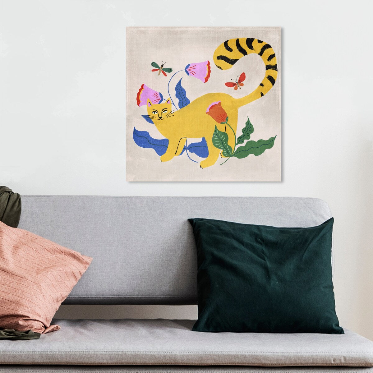 Blonde Tabby Floral Kitten Butterfly Garden Modern Yellow Canvas Wall Art Print - Vibrant Home Decor for Bedroom, Living Room & Nursery