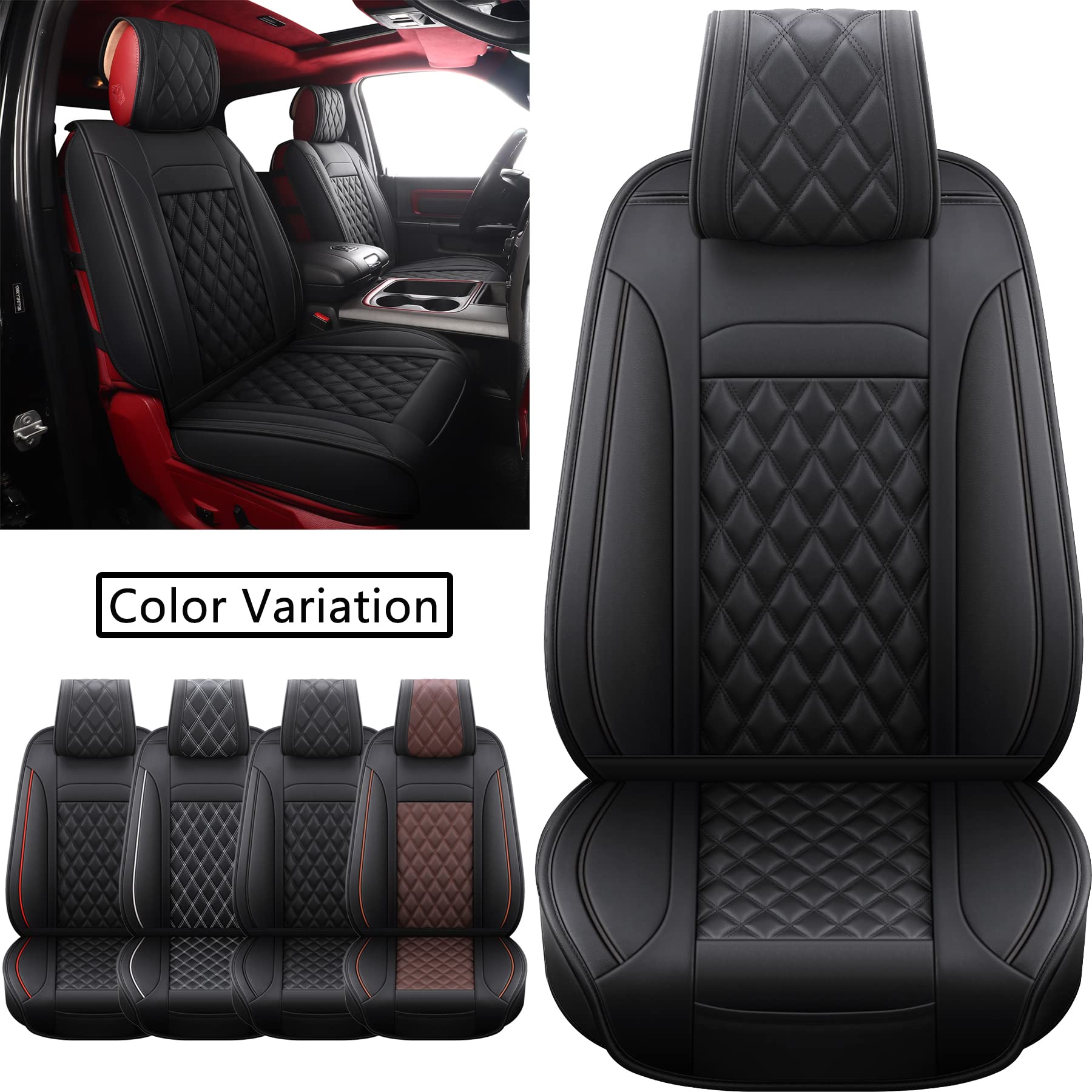 JOJOBAY Waterproof Synthetic Leather Car Seat Covers for Dodge Ram 1500/2500/3500 HD (2009-2025) - Black 2-Piece Front Set | Fits Crew/Regular/Quad/Mega Cab | All-Weather Protection & Comfort for Work Trucks & Daily Commutes