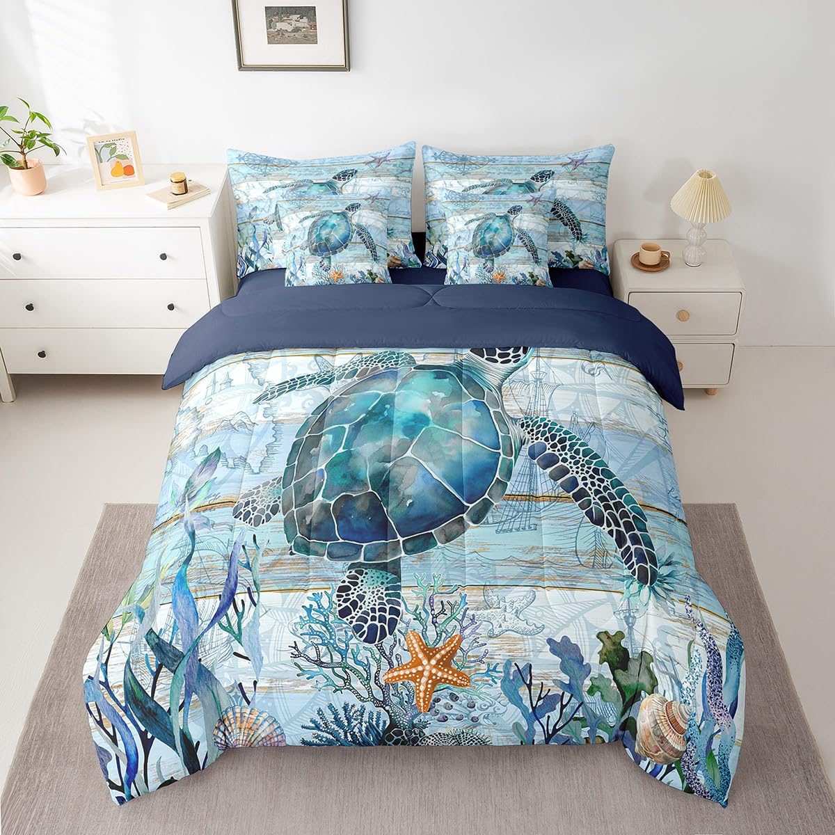 Cute Sea Turtle Bedding Set Queen Size 7-Piece - Ocean Creature Themed Comforter Set with Sheets & Pillowcases - Blue Marine Animals Design for Summer Bedroom Decor - Perfect for Beach House, Kids Room or Coastal Theme Bedding