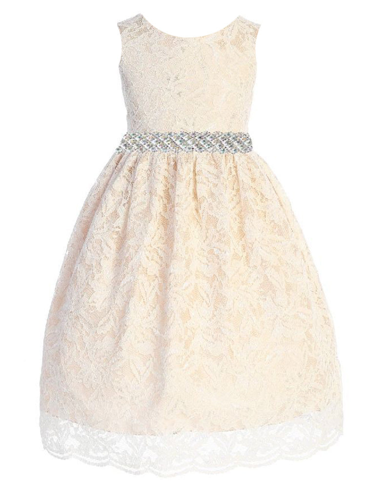 Elegant Champagne Lace Bridesmaid Dress with Rhinestone Trim for Juniors - Sizes 8-14 | Perfect for Weddings, Prom, and Formal Events