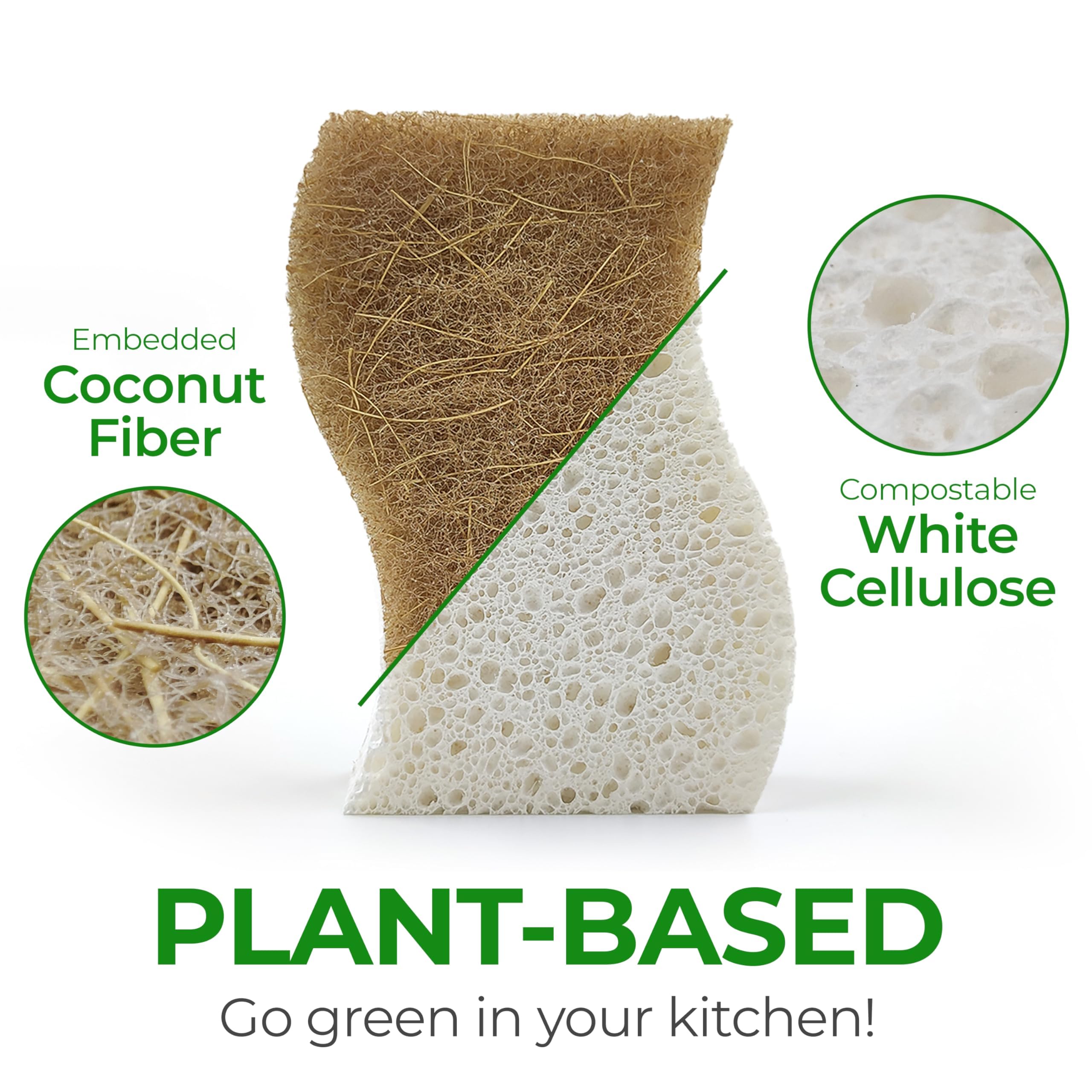 Eco-Friendly Biodegradable Kitchen Sponges - 12 Pack Compostable Cellulose & Coconut Scrub Sponges for Dishes, Pots & Pans - Natural Cleaning Sponge for Sustainable Home & Zero Waste Kitchen