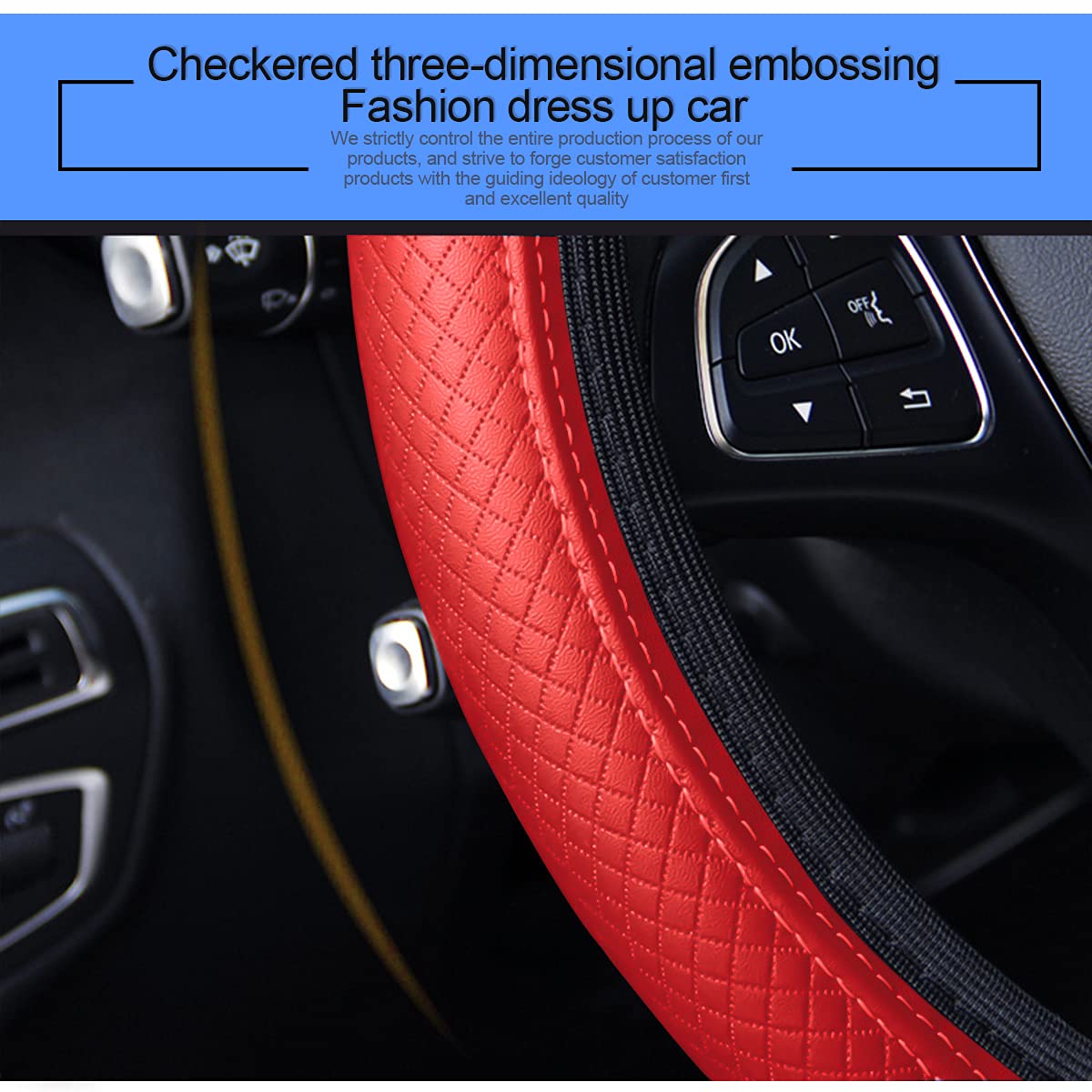 Premium Leather Car Steering Wheel Cover - Elastic, Breathable & Anti-Slip - Universal 15 Inch Fit - for Men & Women (Red) - Perfect for Daily Commuting, Road Trips & Enhanced Driving Comfort