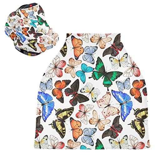 Stretchy Baby Car Seat Canopy - Colorful Tropical Butterflies Infant Stroller Cover, Multi-Use Car Seat Canopy & Nursing Cover for Newborns | Perfect for Breastfeeding, Shopping Trips & Outdoor Adventures