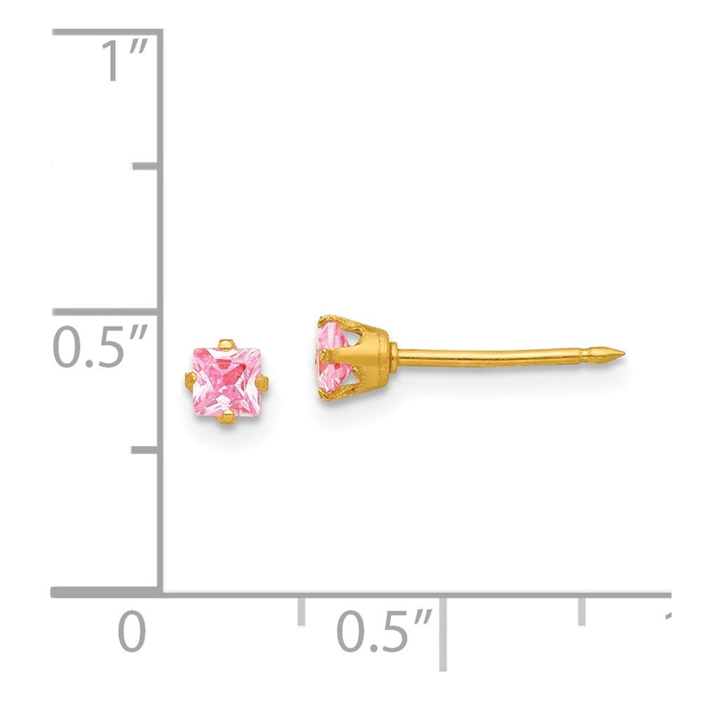 14K Yellow Gold 3mm Square Pink Cubic Zirconia Stud Earrings for Women - Elegant Fine Jewelry Gift for Her - Perfect for Weddings, Parties & Special Occasions