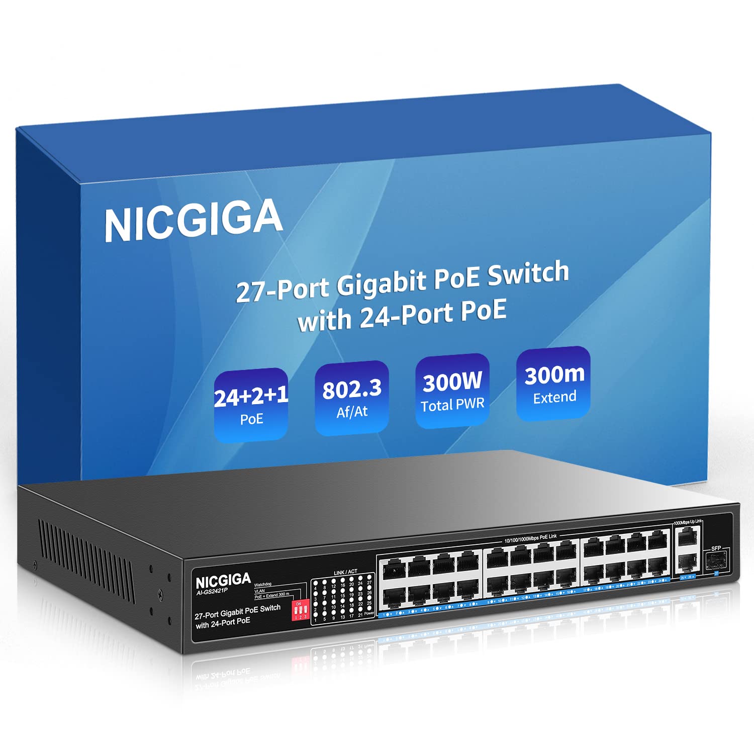 NICGIGA 24 Port Gigabit PoE Switch | 300W Power over Ethernet | 1000Mbps Speed | 2 Uplink Ports + 1 SFP | 19